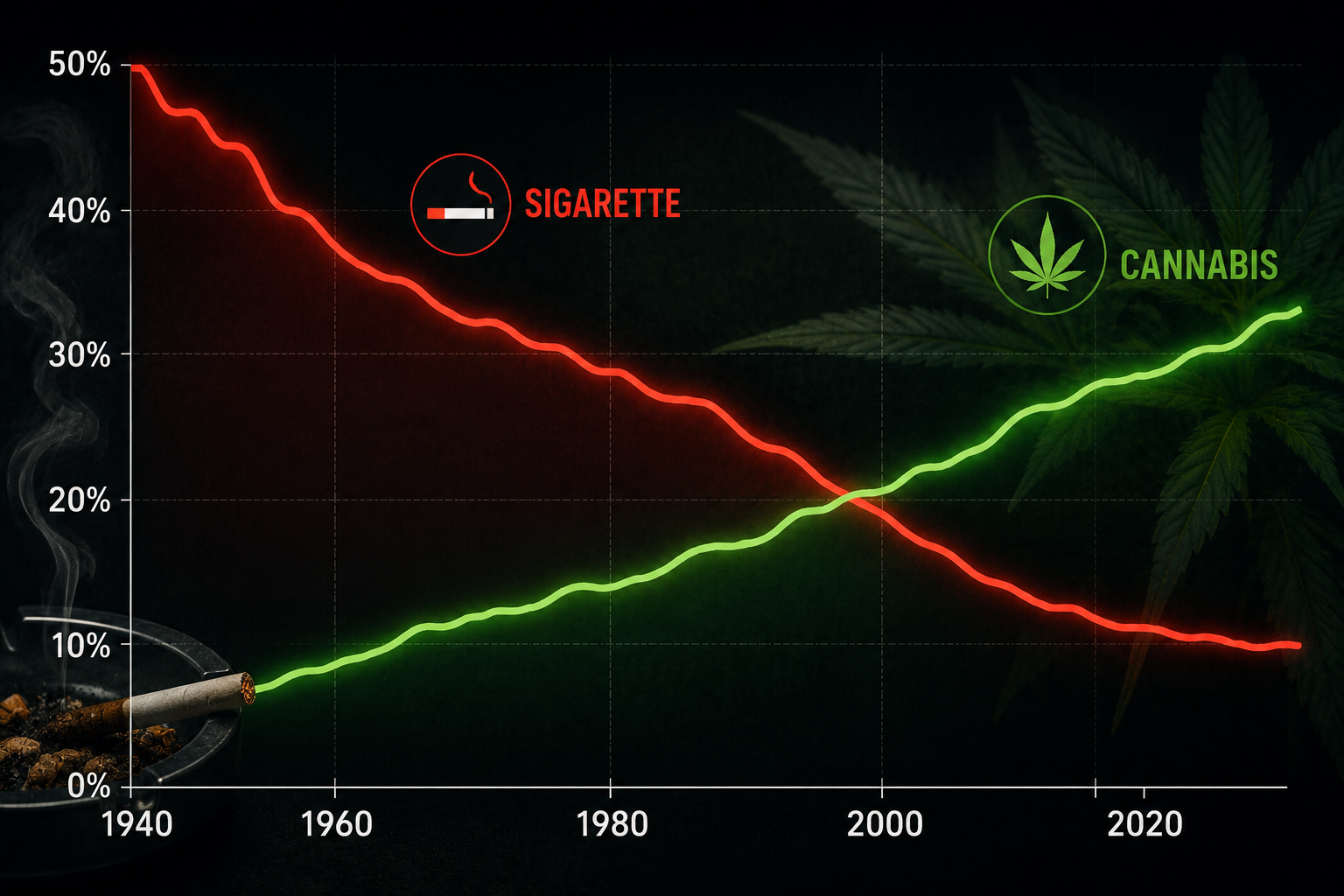 Immagine a scopo illustrativo che rappresenta l'ascesa dell'accettazione della cannabis e il declino del tabaco