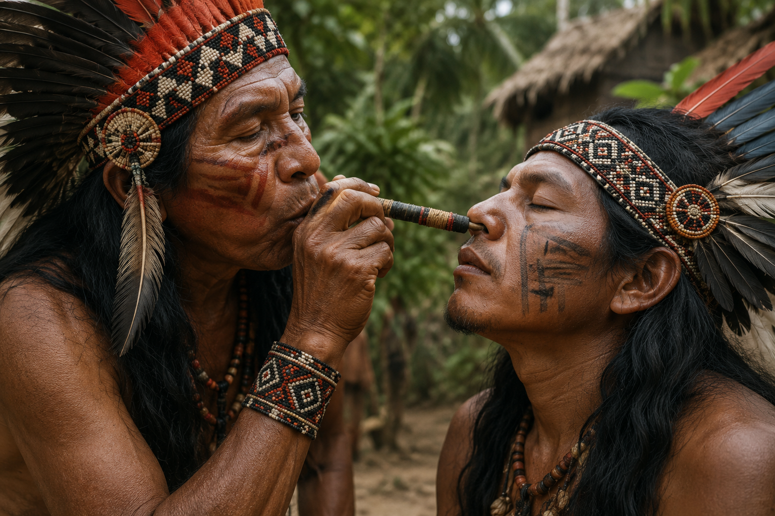Immagine a scopo illustrativo di nativi che utilizzano il tabacco tramite Rapè